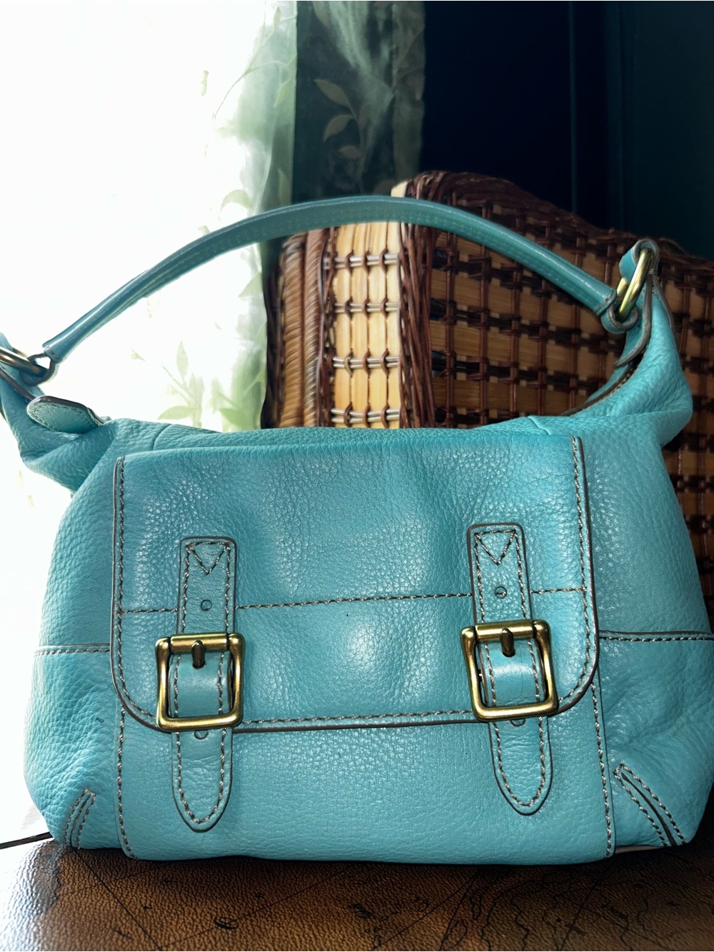 Vintage Fossil Teal Blue Pebbled Leather Shoulder Hobo Bag - Picture 2 of 16